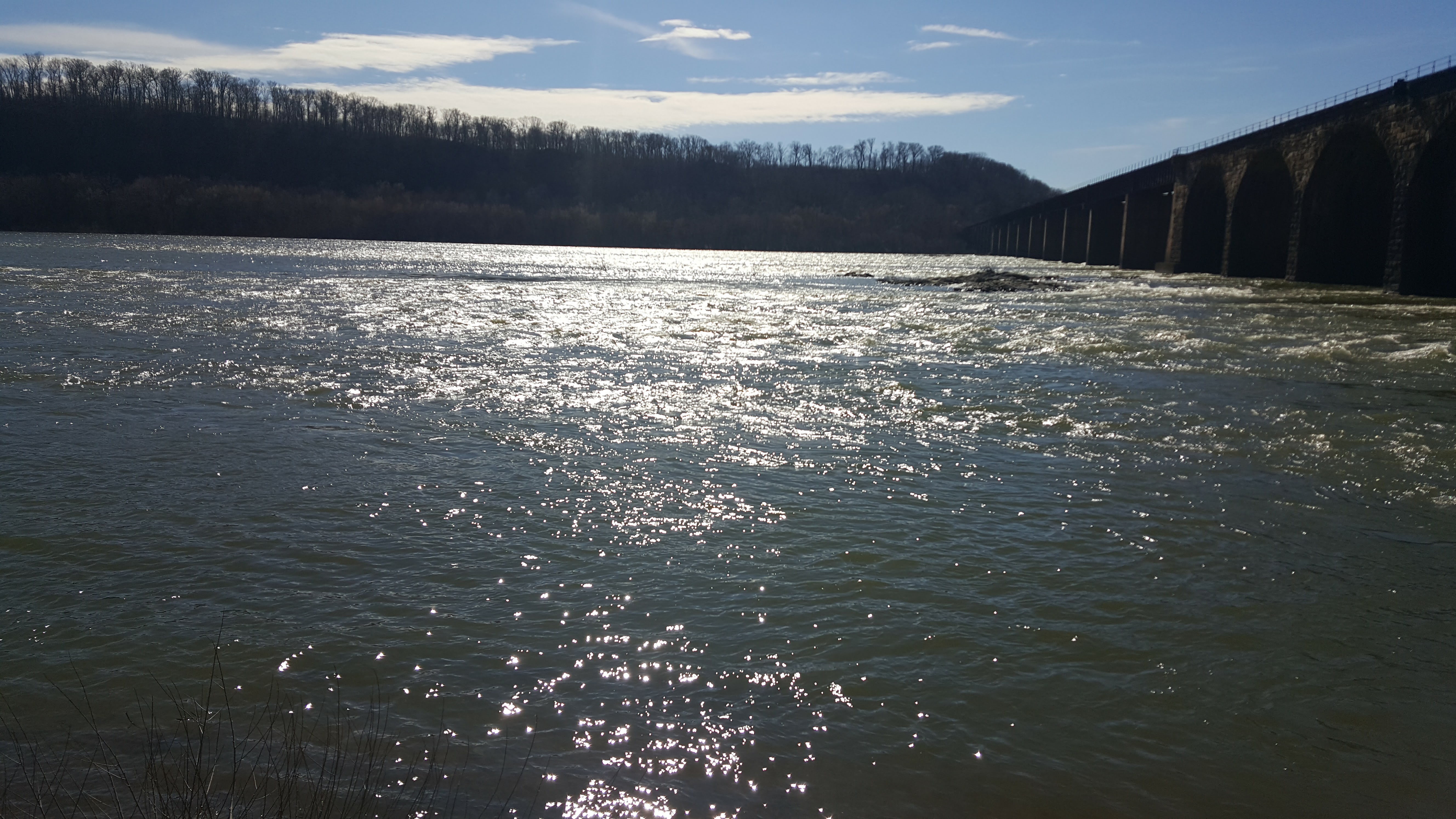 This is a picture of bright sunshine reflecting off of the Susquehanna River near the historic Shocks Mills railroad bridge.